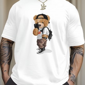 Cartoon Teddy Bear Print, Men's Graphic Design Crew Neck T-shirt, Casual Comfy Tees Tshirts For Summer, Men's Clothing Tops For Daily Vacation Resorts