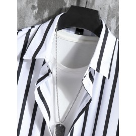 Vertical Striped Men's 2Pcs Outfits, Casual Camp Collar Lapel Button Up Short Sleeve Shirts And Drawstring Shorts Set For Summer, Men's Clothing Vacation Loungewear