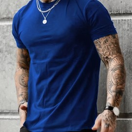 Classic Design Black Solid Top Casual Mid Stretch Short Sleeve Crew Neck Graphic T-shirt, Men's Tee For Summer Outdoor