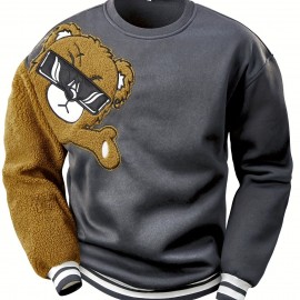 Men's Cartoon Bear Embroidery Crew Neck Sweatshirt, Loose Fit Sports Tops