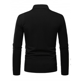 Ribbed Men's Solid Color V-neck Long Sleeve Shirt, Male Spring Fall Casual Top