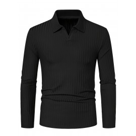 Ribbed Men's Solid Color V-neck Long Sleeve Shirt, Male Spring Fall Casual Top