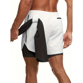 2-in-1 Double Layer Shorts With Inner Zipper Pocket, Men's High Stretch Sports Shorts For Summer Gym Workout Training