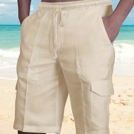 Classic Design Cotton Cargo Shorts, Men's Casual Multi Pocket Waist Drawstring Cargo Shorts For Summer Outdoor