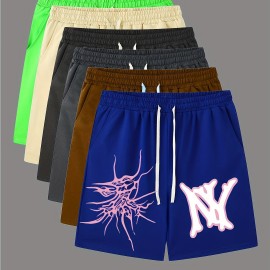 Graphic Pattern Comfy Shorts, Men's Casual Slightly Stretch Elastic Waist Drawstring Shorts For Summer Basketball Beach Resort