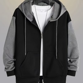 Color Block Men's All-match Hooded Sweatshirt, Men's Sports Zip Up Outwear With Pockets, Spring Fall