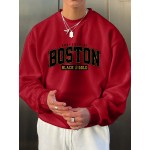 BOSTON Print Fashionable Men's Casual Long Sleeve Crew Neck Pullover Sweatshirt,Suitable For Outdoor Sports,For Autumn Spring,Can Be Paired With Hip-hop Necklace,As Gifts