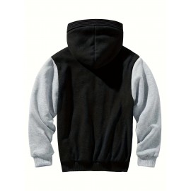 Color Block Sherpa Lined Men's Hooded Jacket Casual Long Sleeve Hoodies With Zipper Gym Sports Hooded Coat For Winter Fall