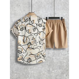 Abstract Painting Print, Men's 2Pcs Outfits, Casual Camp Collar Lapel Button Up Short Sleeve Shirts Hawaiian Shirt And Drawstring Shorts Set For Summer, Men's Clothing